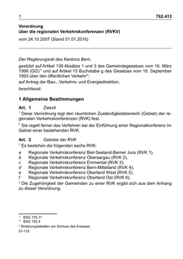 Verordnung Über Die Regionalen Verkehrskonferenzen (RVKV) Vom 24.10.2007 (Stand 01.01.2016)