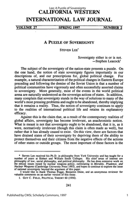 A Puzzle of Sovereignty CALIFORNIA WESTERN INTERNATIONAL LAW JOURNAL