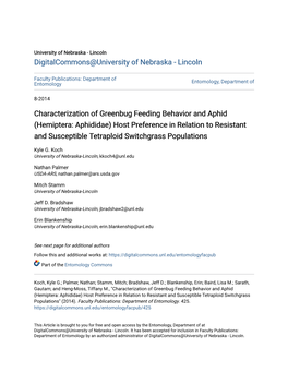 Hemiptera: Aphididae) Host Preference in Relation to Resistant and Susceptible Tetraploid Switchgrass Populations