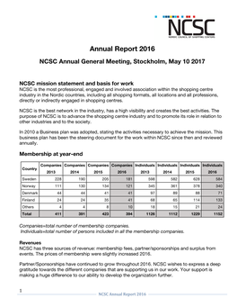 Annual Report 2016 NCSC Annual General Meeting, Stockholm, May 10 2017