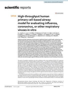 High-Throughput Human Primary Cell-Based Airway Model for Evaluating Infuenza, Coronavirus, Or Other Respira- Tory Viruses in Vitro