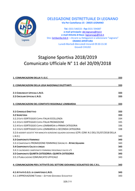 Stagione Sportiva 2018/2019 Comunicato Ufficiale N° 11 Del 20/09/2018