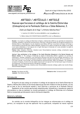 ARTIGO / ARTÍCULO / ARTICLE Nuevas Aportaciones Al Catálogo De La Familia Elateridae (Coleoptera) En La Península Ibérica E Islas Baleares, I