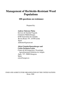 Management of Herbicide-Resistant Weed Populations 100 Questions on Resistance