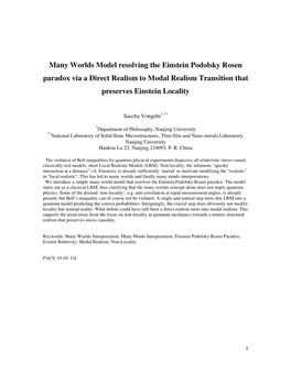 Many Worlds Model Resolving the Einstein Podolsky Rosen Paradox Via a Direct Realism to Modal Realism Transition That Preserves Einstein Locality