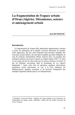 La Fragmentation De L'espace Urbain D'oran (Algérie). Mécanismes, Acteurs Et Aménagement Urbain