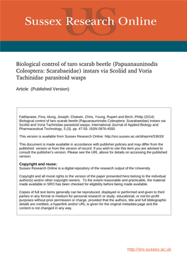 Biological Control of Taro Scarab Beetle (Papuanauninodis Coleoptera: Scarabaeidae) Instars Via Scoliid and Voria Tachinidae Parasitoid Wasps