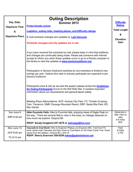 Outing Description Day, Date, Summer 2013 Difficulty Rating, Departure Time Printer-Friendly Version