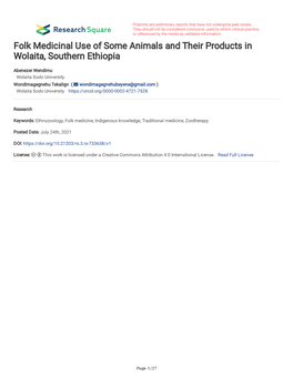 Folk Medicinal Use of Some Animals and Their Products in Wolaita, Southern Ethiopia