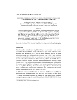 Growth and Development of Nestlings of White-Throated Kingfisher, Halcyon Smyrnensis (Linnaeus, 1758)