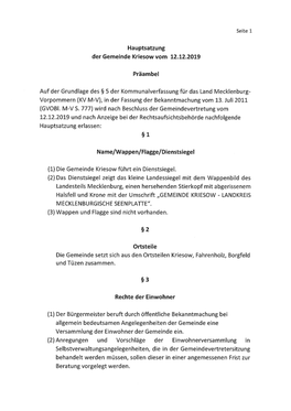 Hauptsatzung Der Gemeinde Kriesow Vom 12.12.2019 Präambel Auf Der