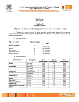 Ley De Ingresos Para El Municipio De El Porvenir, Chiapas; Para El Ejercicio Fiscal 2011