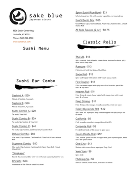 Sushi Menu Sushi Bar Combo Classic Rolls