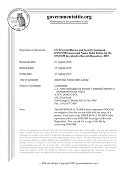 Impersonal Names Index Listing for the INSCOM Investigative Records Repository, 2010