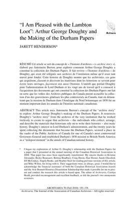Arthur George Doughty and the Making of the Durham Papers JARETT HENDERSON*