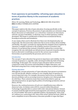 From Openness to Permeability: Reframing Open Education in Terms of Positive Liberty in the Enactment of Academic Practices Oliver, M