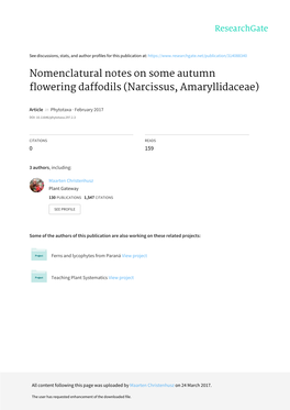 Nomenclatural Notes on Some Autumn Flowering Daffodils (Narcissus, Amaryllidaceae)