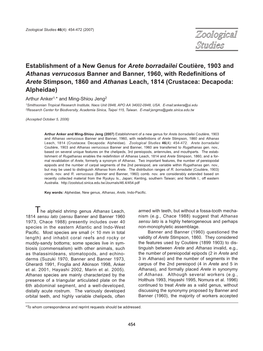 Establishment of a New Genus for Arete Borradailei Coutière, 1903