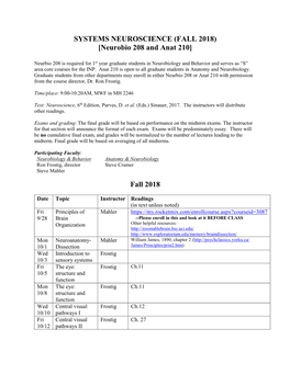 SYSTEMS NEUROSCIENCE (FALL 2018) [Neurobio 208 and Anat 210]