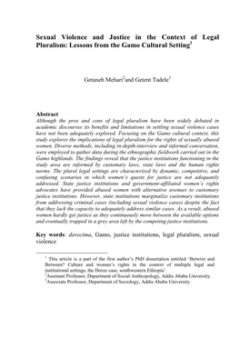 Sexual Violence and Justice in the Context of Legal Pluralism: Lessons from the Gamo Cultural Setting1