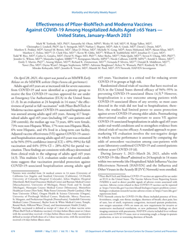 Effectiveness of Pfizer-Biontech and Moderna Vaccines Against COVID-19 Among Hospitalized Adults Aged ≥65 Years — United States, January–March 2021