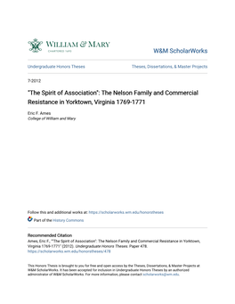 The Nelson Family and Commercial Resistance in Yorktown, Virginia 1769-1771