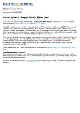 Nortonlifelock to Acquire Avira in $360M Deal