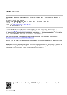 Intersectionality, Identity Politics, and Violence Against Women of Color Author(S): Kimberle Crenshaw Source: Stanford Law Review, Vol