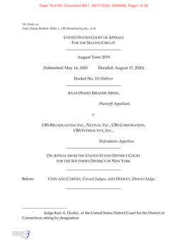 Docket No. 19-3160-Cv Plaintiff-Appellant, V. Defendants