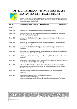 Amtliches Bekanntmachungsblatt Des Amtes Geltinger Bucht Nr. 34/2010