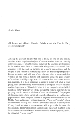 Of Danes and Giants: Popular Beliefs About the Past in Early Modern England1 Among the Popular Beliefs That One Is Likely To