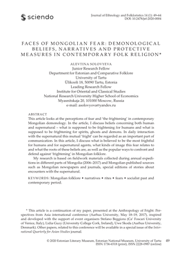 Faces of Mongolian Fear: Demonological Beliefs, Narratives and Protective Measures in Contemporary Folk Religion*