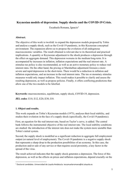 Keynesian Models of Depression. Supply Shocks and the COVID-19 Crisis