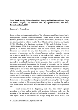 Susan Haack: Putting Philosophy to Work. Inquiry and Its Place in Culture