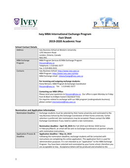 Ivey MBA International Exchange Program Fact Sheet 2019-2020 Academic Year