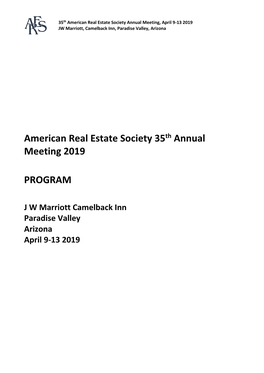 American Real Estate Society 35Th Annual Meeting 2019 PROGRAM