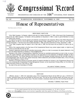 Congressional Record United States Th of America PROCEEDINGS and DEBATES of the 106 CONGRESS, FIRST SESSION