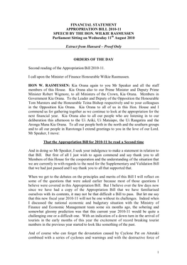 FINANCIAL STATEMENT APPROPRIATION BILL 2010-11 SPEECH by the HON. WILKIE RASMUSSEN Parliament Sitting on Wednesday 11 August