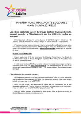 INFORMATIONS TRANSPORTS SCOLAIRES Année Scolaire 2019/2020