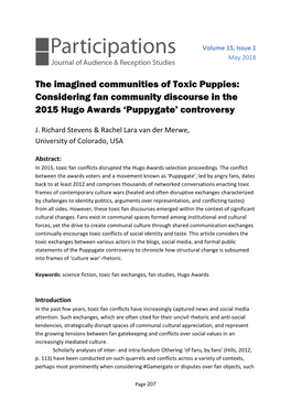 The Imagined Communities of Toxic Puppies: Considering Fan Community Discourse in the 2015 Hugo Awards ‘Puppygate’ Controversy