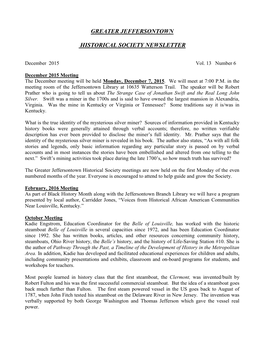 Greater Jeffersontown Historical Society Meetings Are Now Held on the First Monday of the Even Numbered Months of the Year