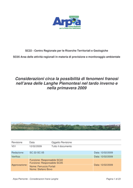 Considerazioni Circa La Possibilità Di Fenomeni Franosi Nell’Area Delle Langhe Piemontesi Nel Tardo Inverno E Nella Primavera 2009