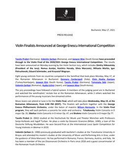 Violin Finalists Announced at George Enescu International Competition