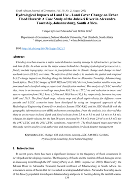 Land Cover Change on Urban Flood Hazard: a Case Study of the Jukskei River in Alexandra Township, Johannesburg, South Africa