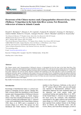 Occurrence of the Chinese Mystery Snail, Cipangopaludina Chinensis