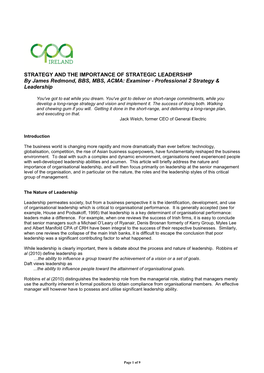 STRATEGY and the IMPORTANCE of STRATEGIC LEADERSHIP by James Redmond, BBS, MBS, ACMA: Examiner - Professional 2 Strategy & Leadership