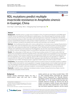 RDL Mutations Predict Multiple Insecticide Resistance in Anopheles Sinensis in Guangxi, China Chan Yang1,2, Zushi Huang1, Mei Li1, Xiangyang Feng3 and Xinghui Qiu1*