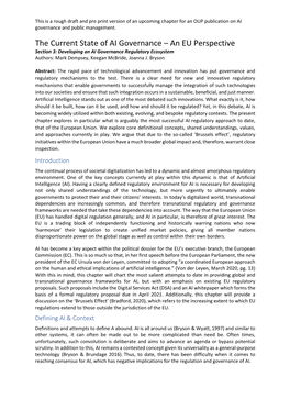 The Current State of AI Governance – an EU Perspective Section 3: Developing an AI Governance Regulatory Ecosystem Authors: Mark Dempsey, Keegan Mcbride, Joanna J