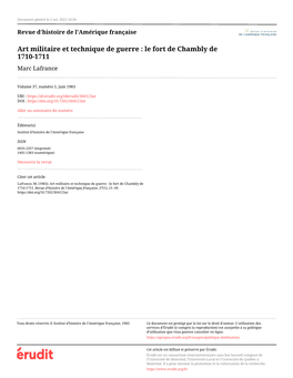 Art Militaire Et Technique De Guerre : Le Fort De Chambly De 1710-1711 Marc Lafrance