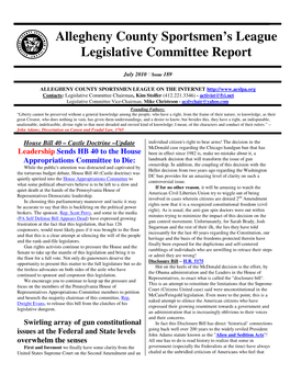 Allegheny County Sportsmen's League Legislative Committee Report